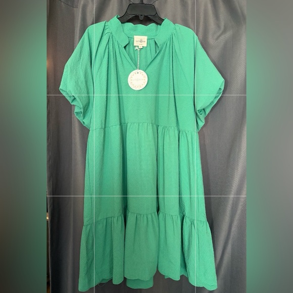 Umgee Dresses & Skirts - Umgee Teal Green Textured Tiered Puffy Sleeve Dress NWT